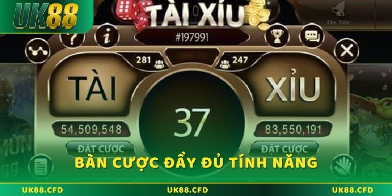 Bàn cược Tài Xỉu UK88 đầy đủ tính năng